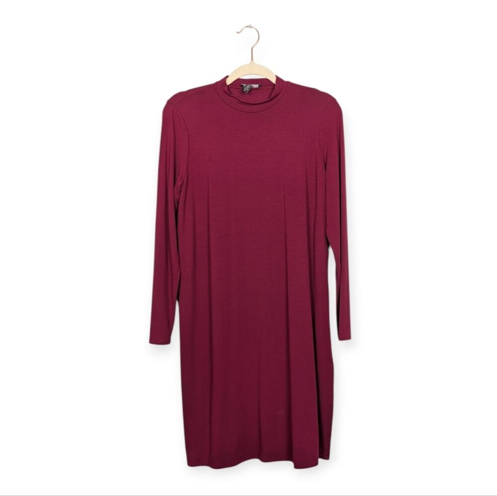 Eileen Fisher Mock Neck Dress S Burgundy Viscose Jersey Long Sleeve Minimalist